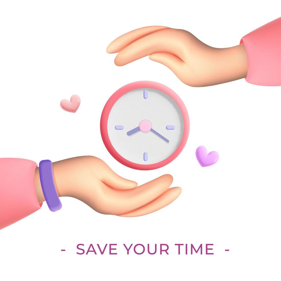 3d vector realistic render female hands holding timer clock icon save time concept design