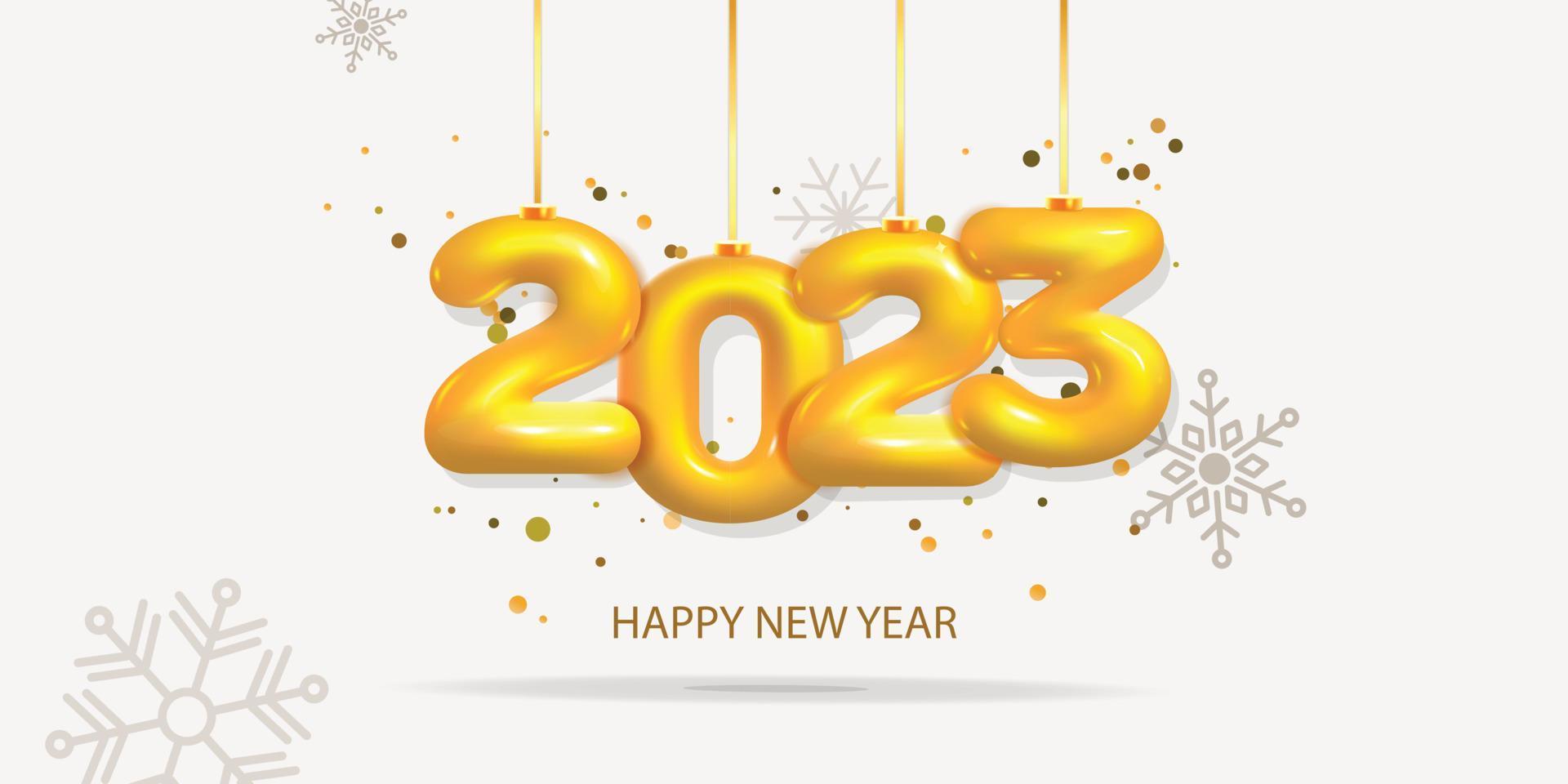 Banner de plantilla de feliz año nuevo de vacaciones de invierno de color gris cálido vectorial 3d con número de oro 2023 y diseño de copo de nieve volador vector