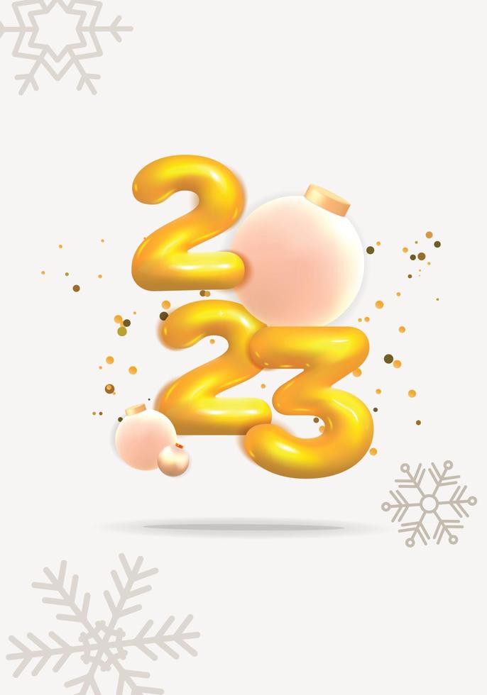 3d vector greeting card template luxury minimal Merry Christmas 2023 with bauble and flying snowflakes design