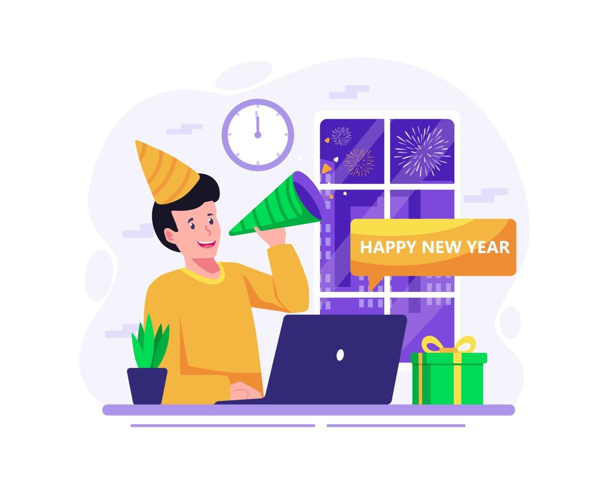 Happy New Year concept with a male worker at a desk with his laptop blowing a trumpet celebrating new year's eve. Vector illustration in flat style