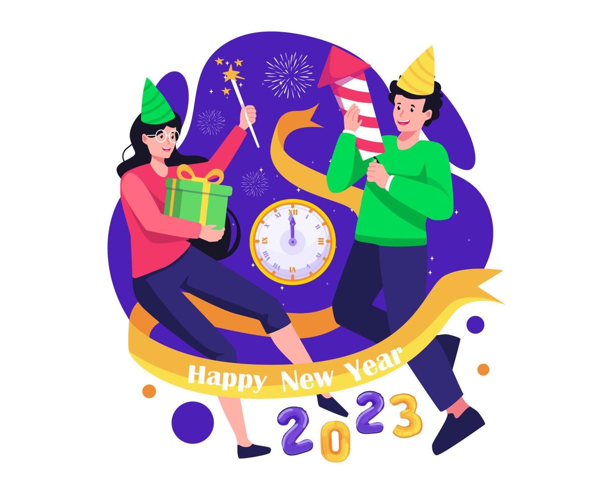 gente celebrando el año nuevo 2023. pareja levitando jugando con petardos y fuegos artificiales. ilustración vectorial en estilo plano vector