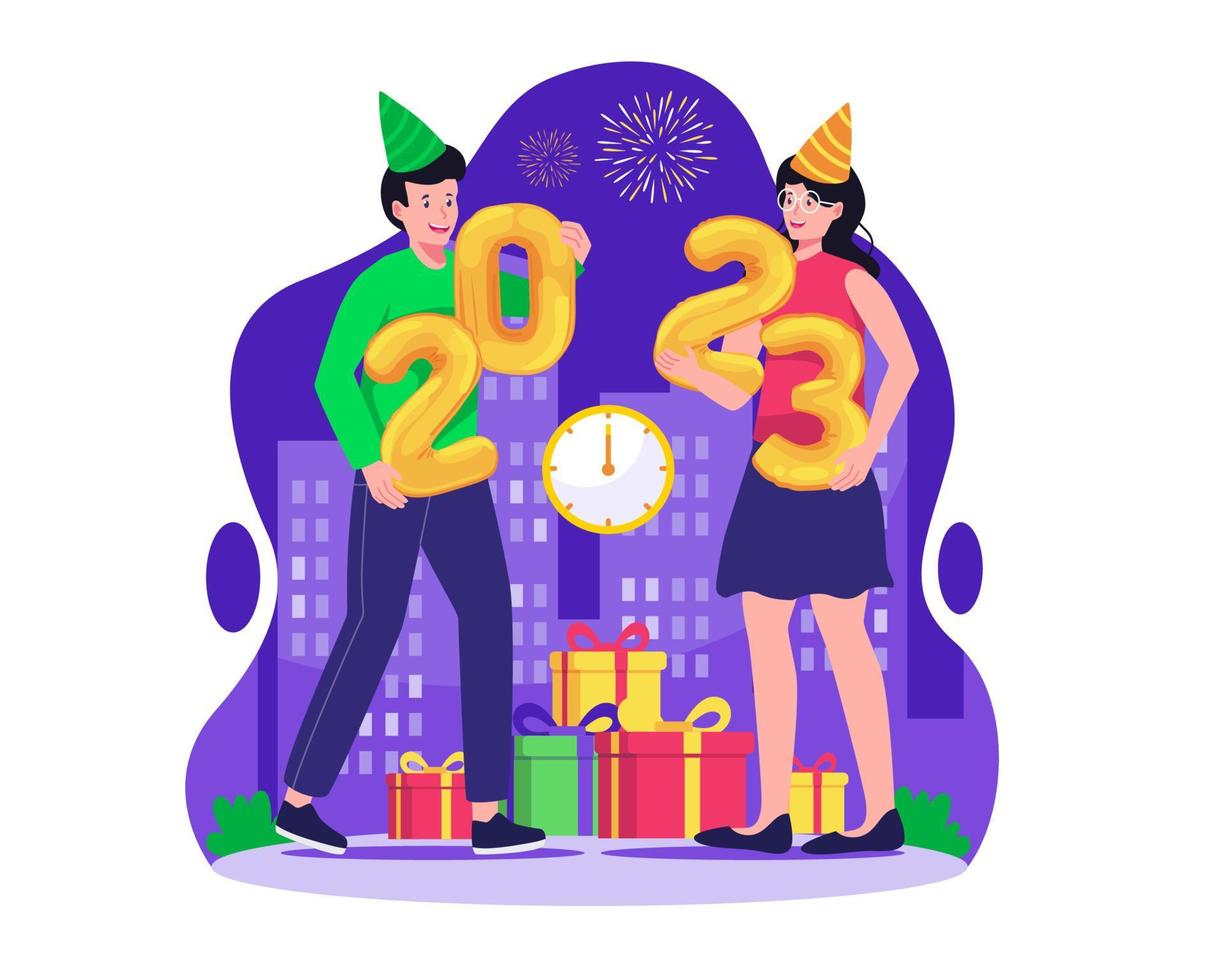 Happy New Year concept with A couple holding 2023 numbers celebrating the new year. Vector illustration in flat style