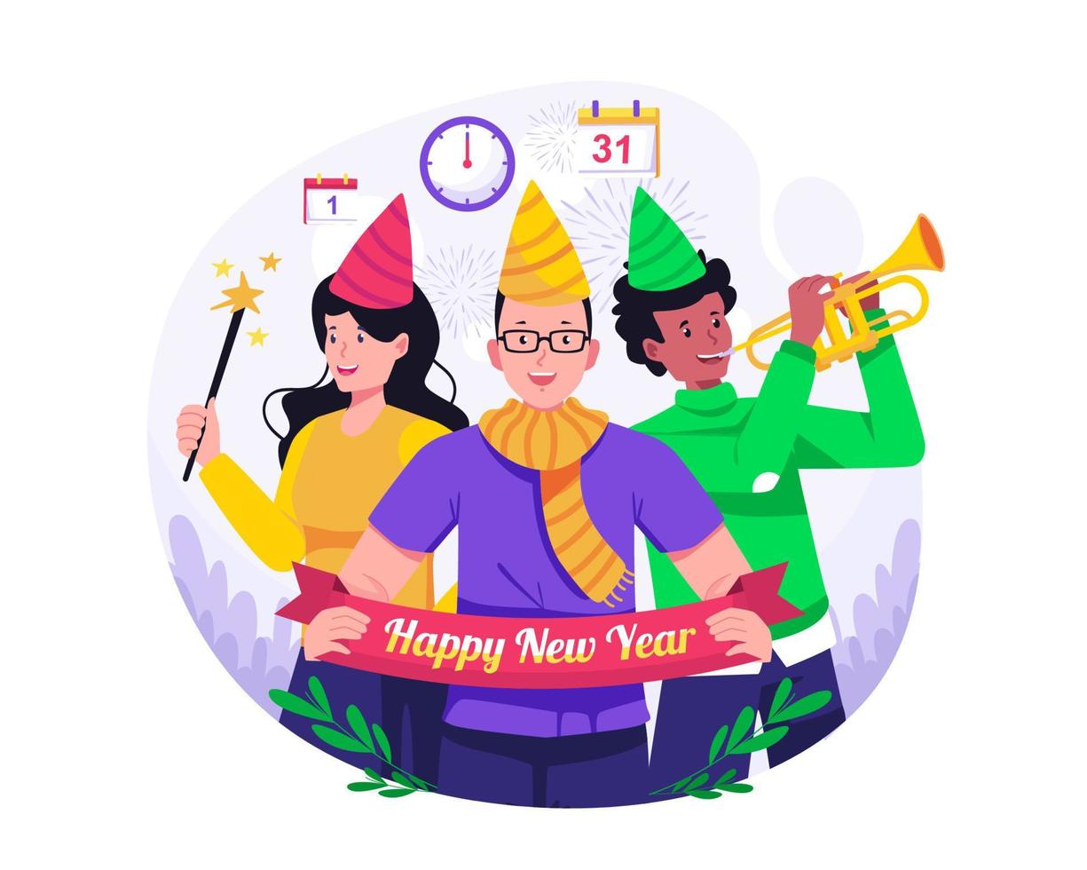 la gente hace una fiesta juntos para celebrar la víspera de año nuevo. el hombre toca la trompeta, la mujer lanza fuegos artificiales. ilustración vectorial en estilo plano vector