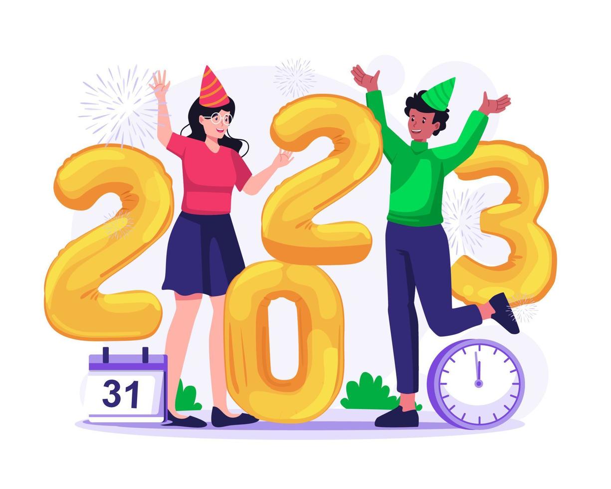 la gente feliz celebra el año nuevo 2023. una pareja está haciendo una fiesta divertida con números de globo 2023 y fuegos artificiales. ilustración vectorial en estilo plano vector