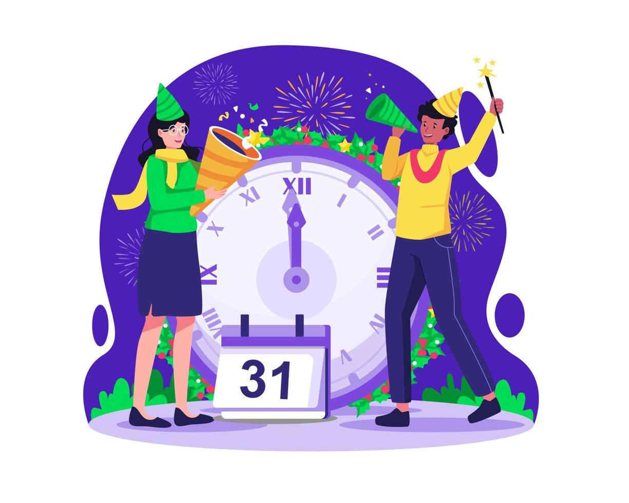 People celebrate new year's eve with a giant clock showing 12 o'clock at night. A Couple playing with firecrackers and fireworks. Vector illustration in flat style