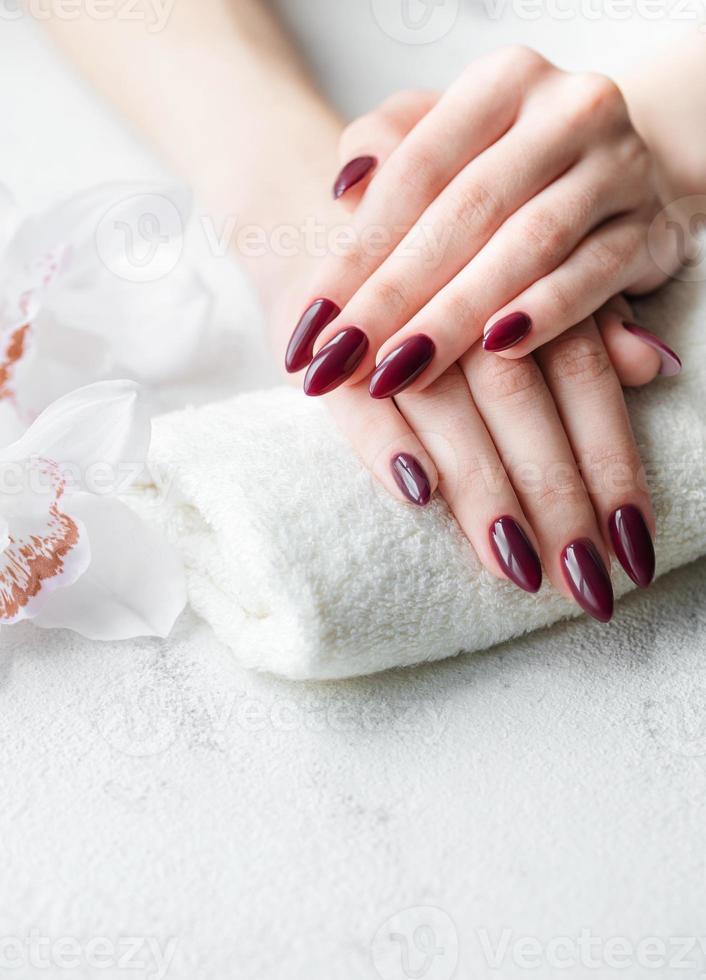 manos de una mujer joven con manicura roja oscura en las uñas foto