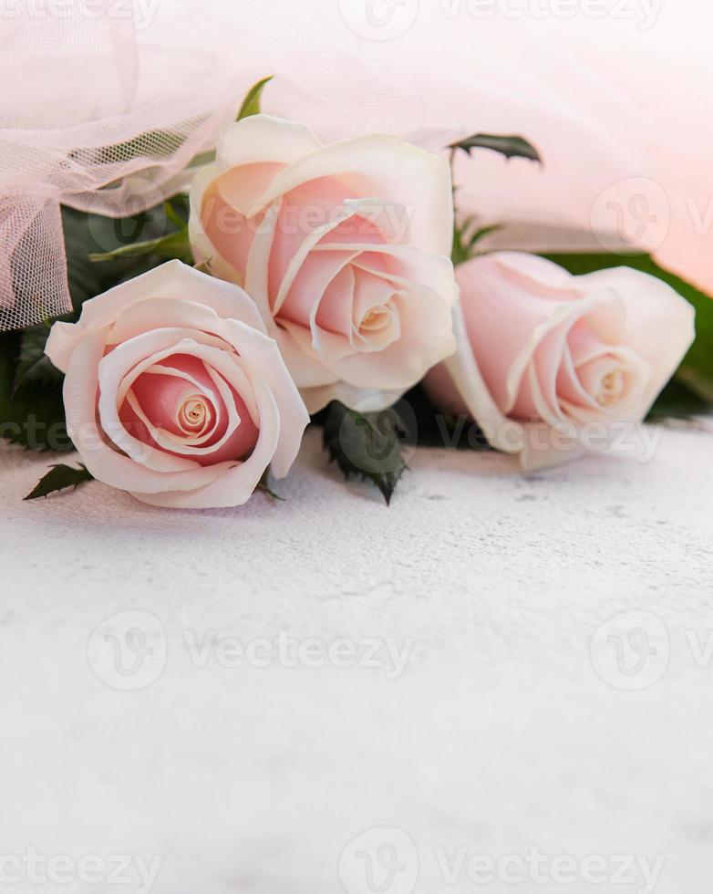 Top view on pink roses on a grey concrete background. photo