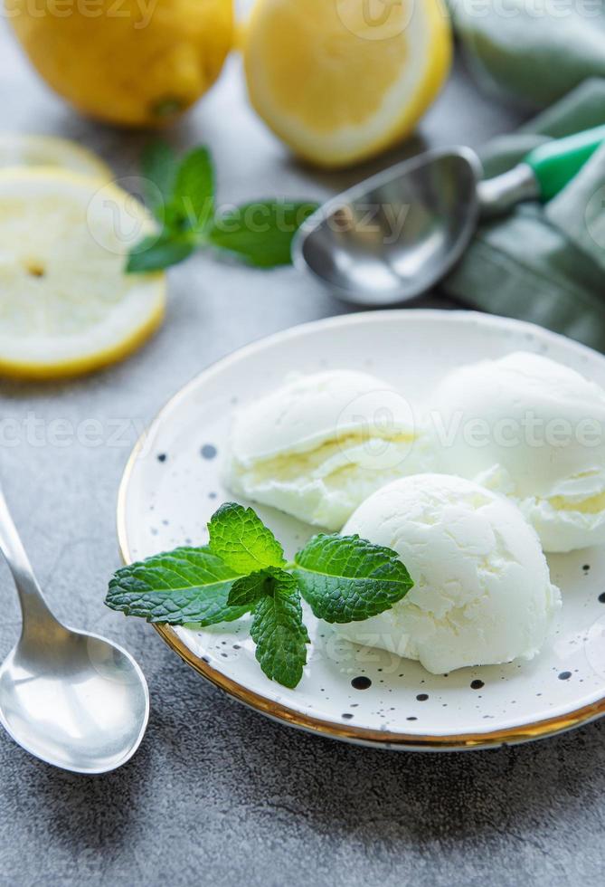 Homemade citrus lemon ice cream with mint photo
