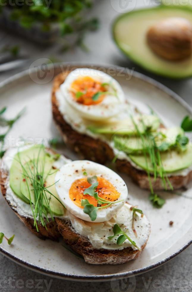 Bread toast, boiled eggs, avocado slice, microgreens on a plate photo