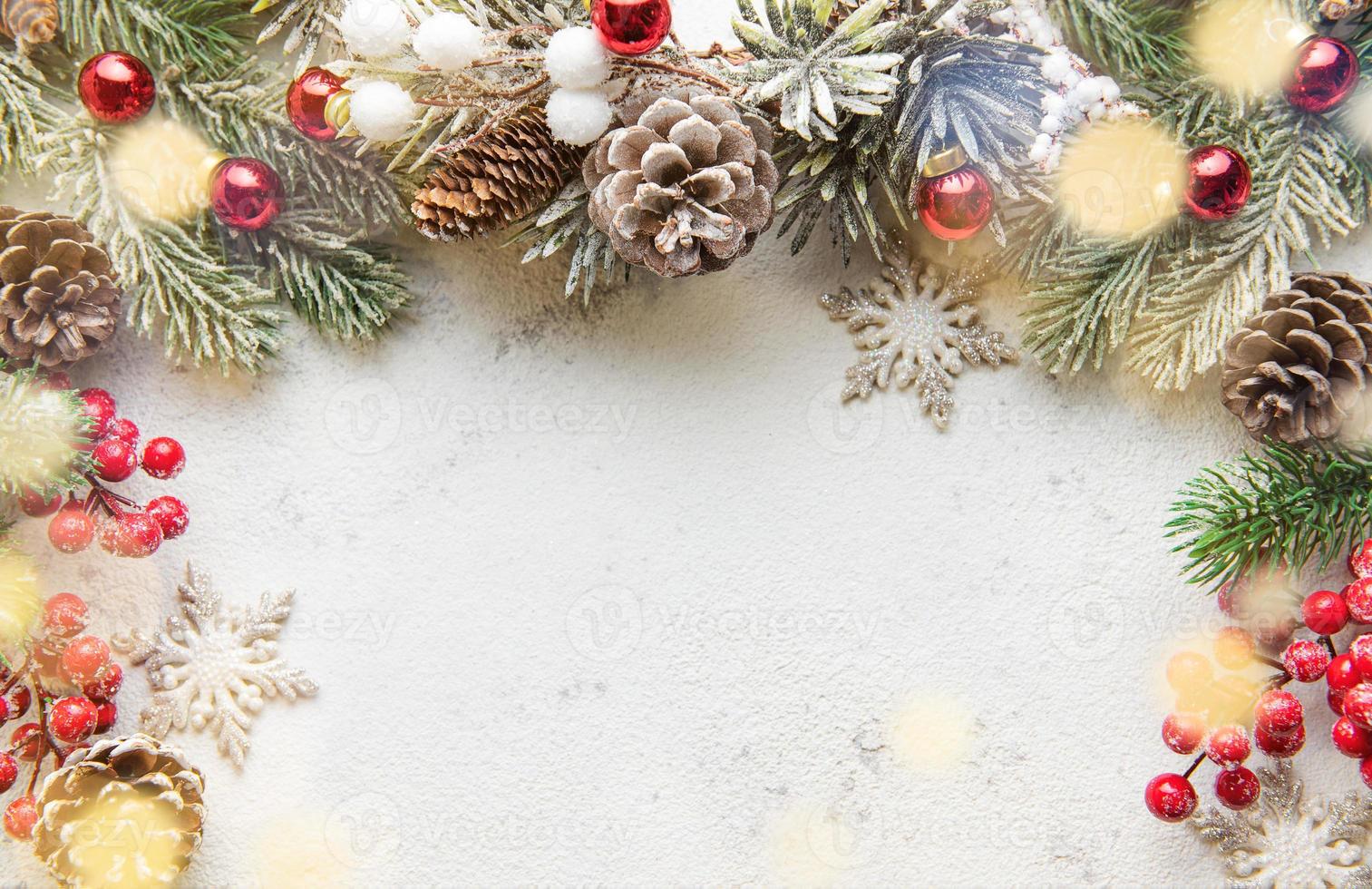 Christmas Decoration. Holiday Decorations on White Wooden Background. photo