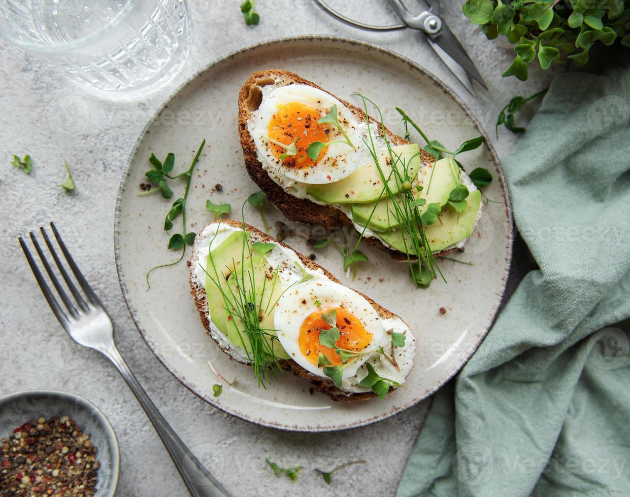Bread toast, boiled eggs, avocado slice, microgreens on a plate photo