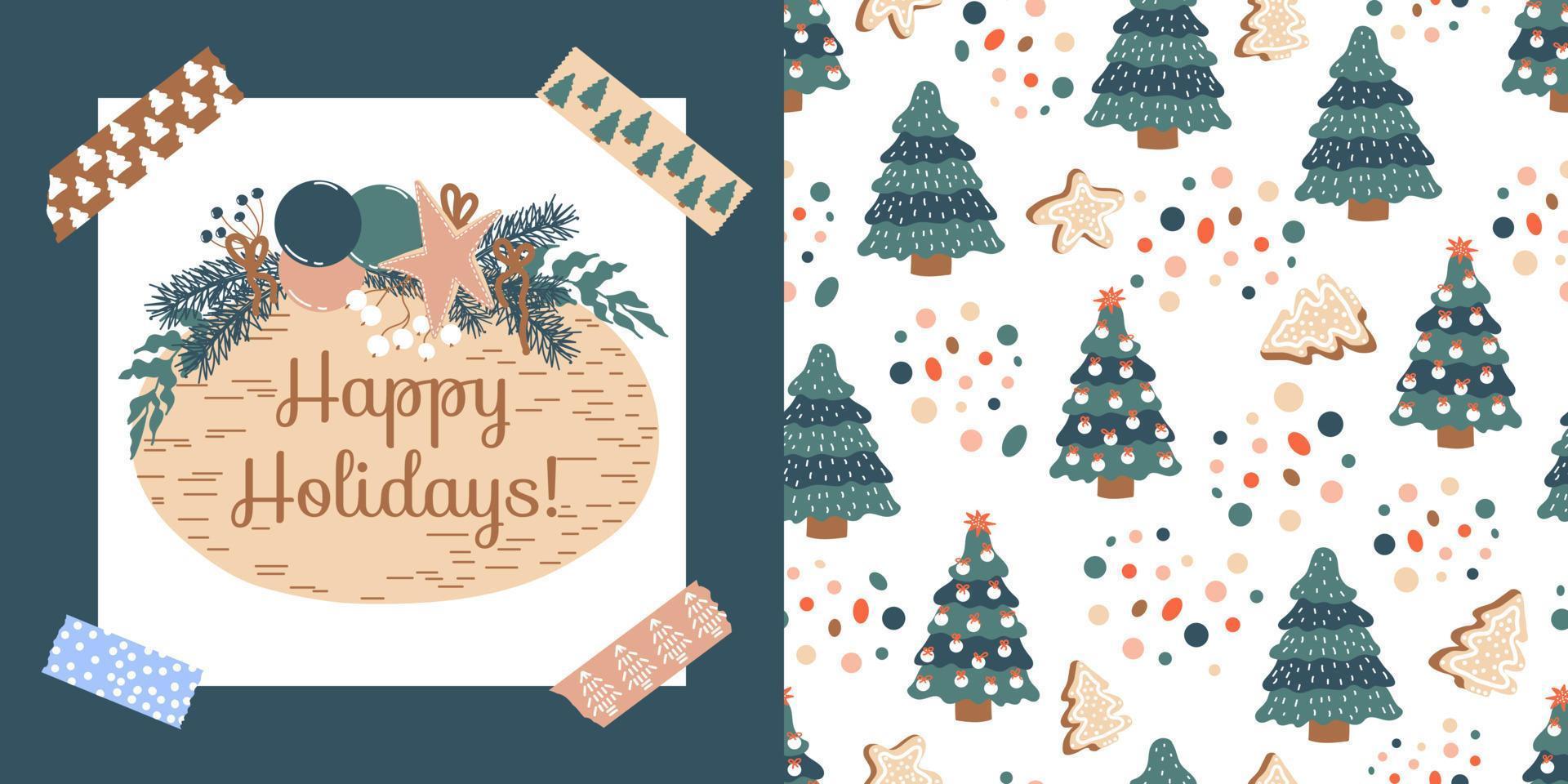 Set of winter pattern and Card with wooden board with fir branches, toys. Vector background with spruce, gingerbread,  confetti. Ideal for design of fabric, poster, wrapping paper for Happy New Year