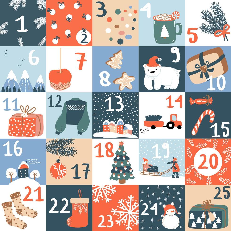 calendario de adviento de navidad con números. elementos vectoriales de invierno de regalos, juguetes, pan de jengibre, dulces, abeto, oso, casas acogedoras, copos de nieve. ideal para tarjetas, afiches, arte infantil, decoración de habitaciones para niños. vector