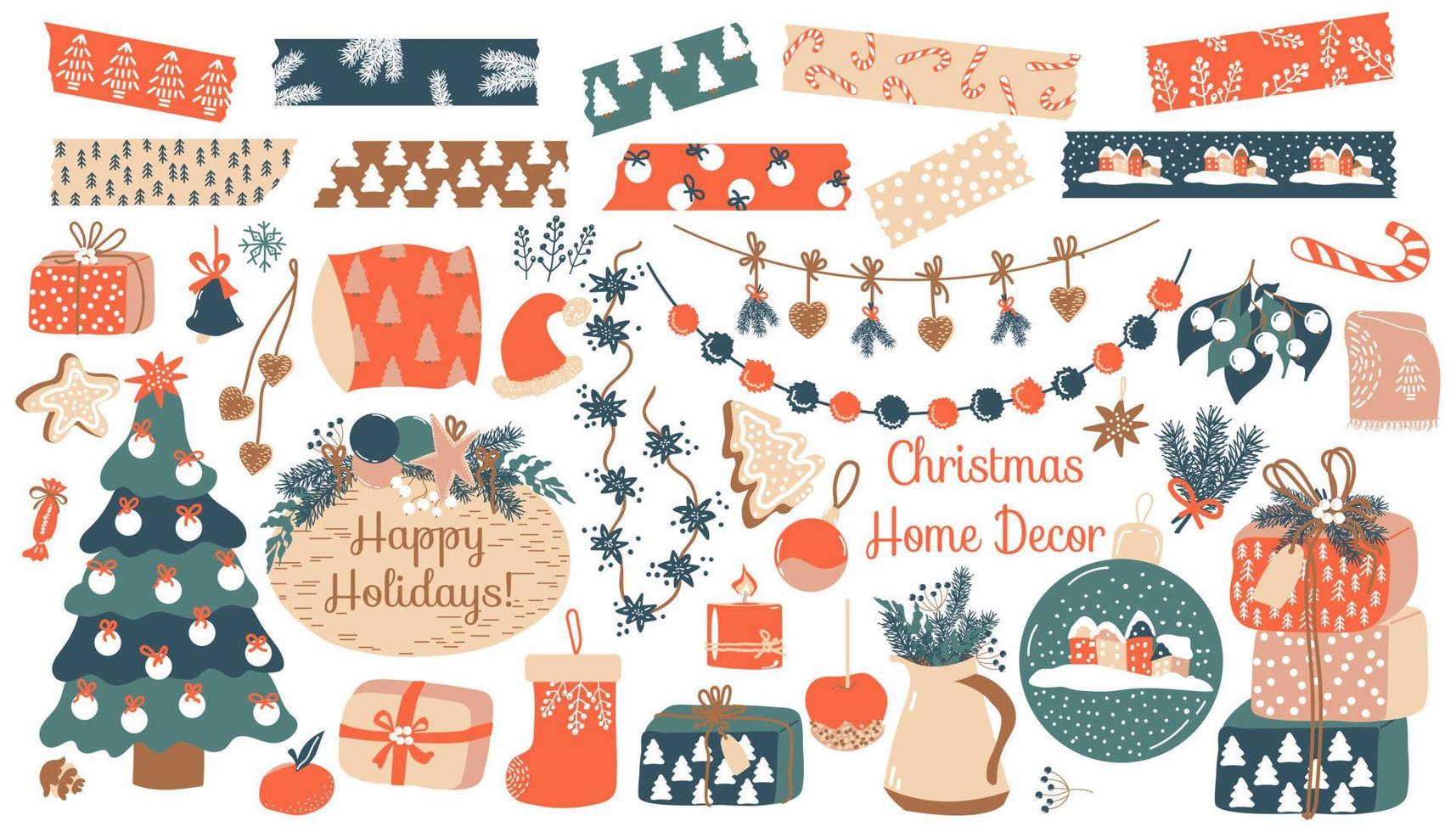 Christmas Home Decor set. Vector items of Christmas tree, gift boxes, garlands, gingerbread, candy, home textile, christmas toys. Washi tapes. Trendy objects for cozy winter time