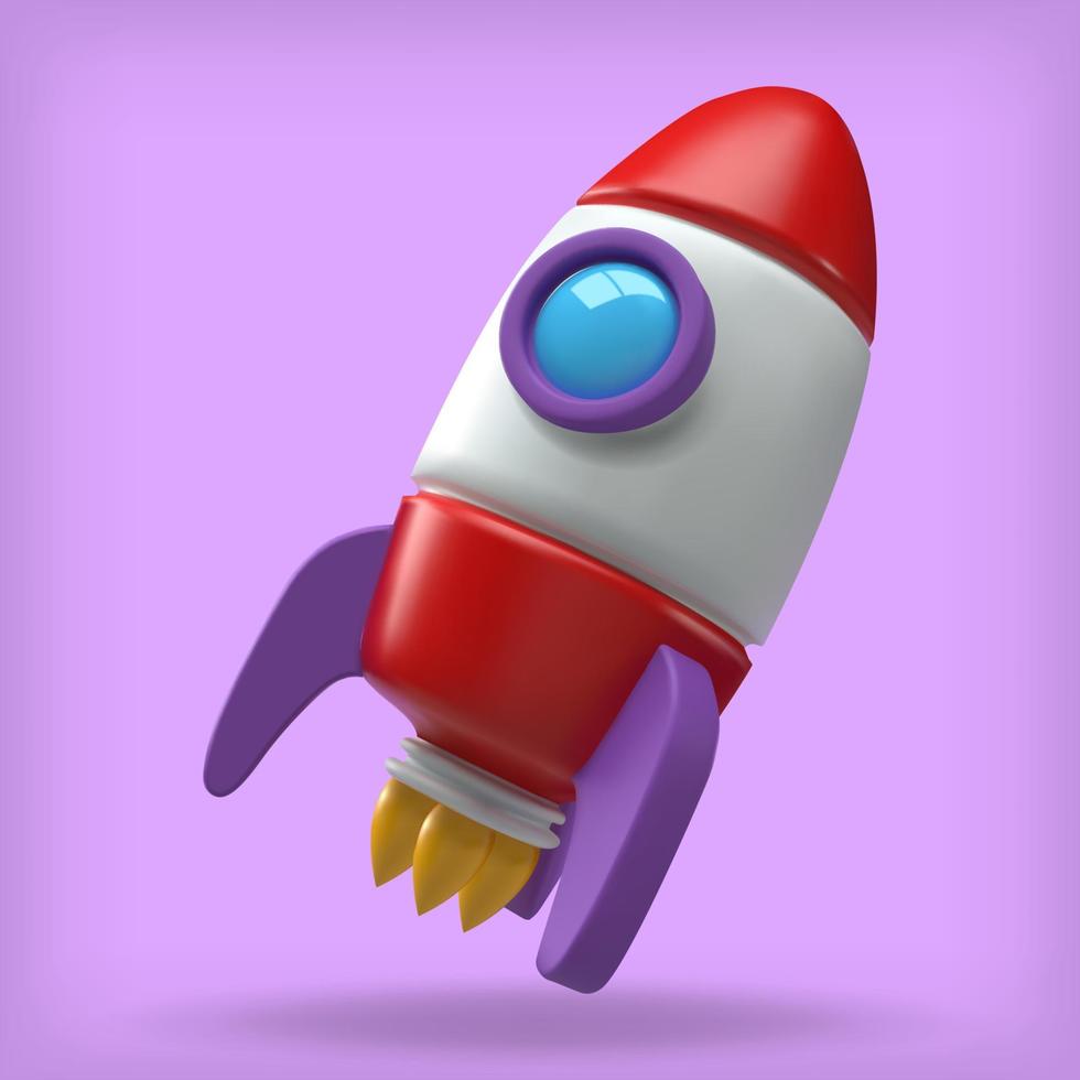 3d cartoon flying rocket. Cute stylised spaceship. Colorful bright vector illustration for science, game, business. Glossy plastic element. Realistic concept art.