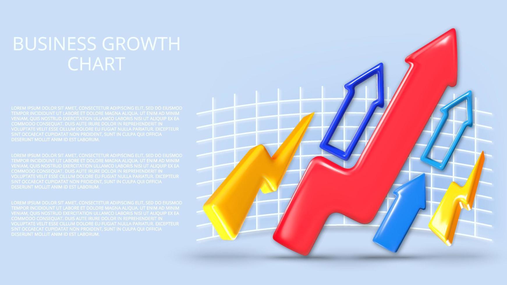 Arrows of growth, takeoff. Charts of the concepts of market movement up, infographics. Realistic 3D design, vector rendering of a successful business.. Economic growth. Red arrow of the trend curve.