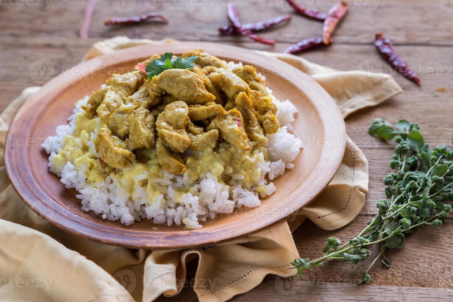 Indian chicken curry with white rice photo