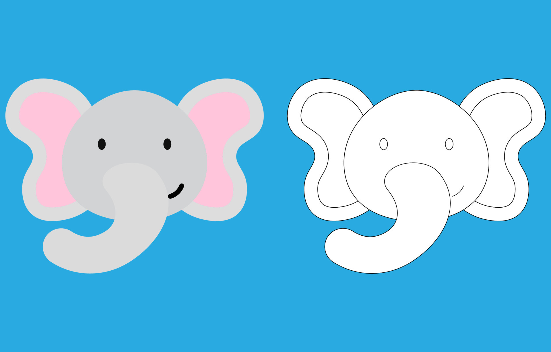 Elephant face cartoon character. Cute outline elephant animal face