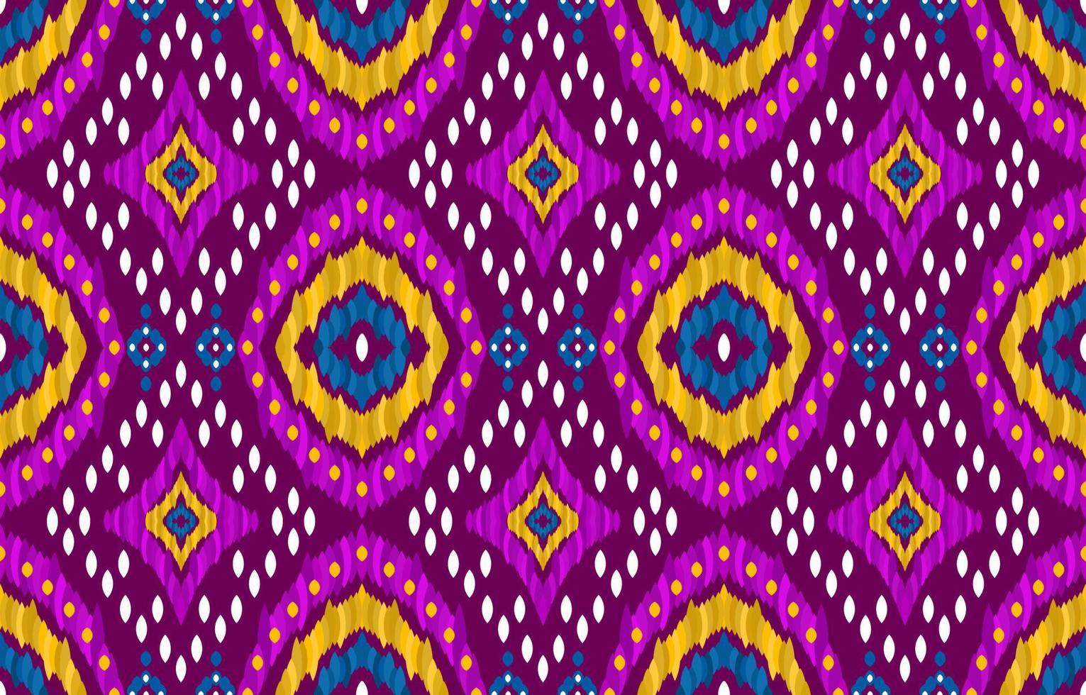 Ornate ikat patterns on purple background. Geometric tribal vintage retro style. Ethnic fabric ikat seamless pattern. Indian navajo folk ikat print vector illustration. Design texture fabric textile.