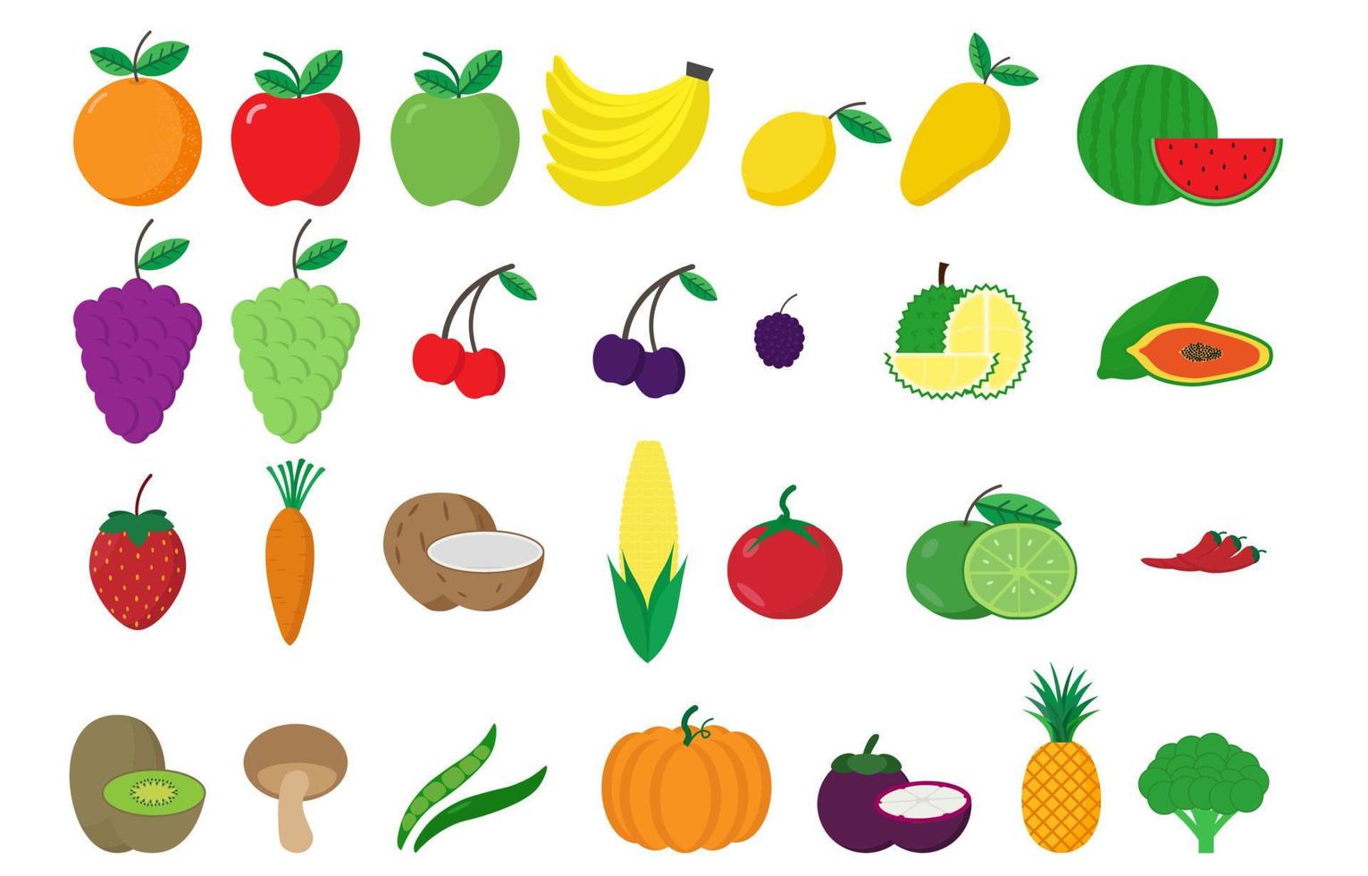 Fruits and vegetables vector set.  orange apple banana lemon mango watermelon grape cherry durian papaya strawberry carrot coconut corn tomato lime chili kiwi mushroom pea pumpkin pineapple broccoli