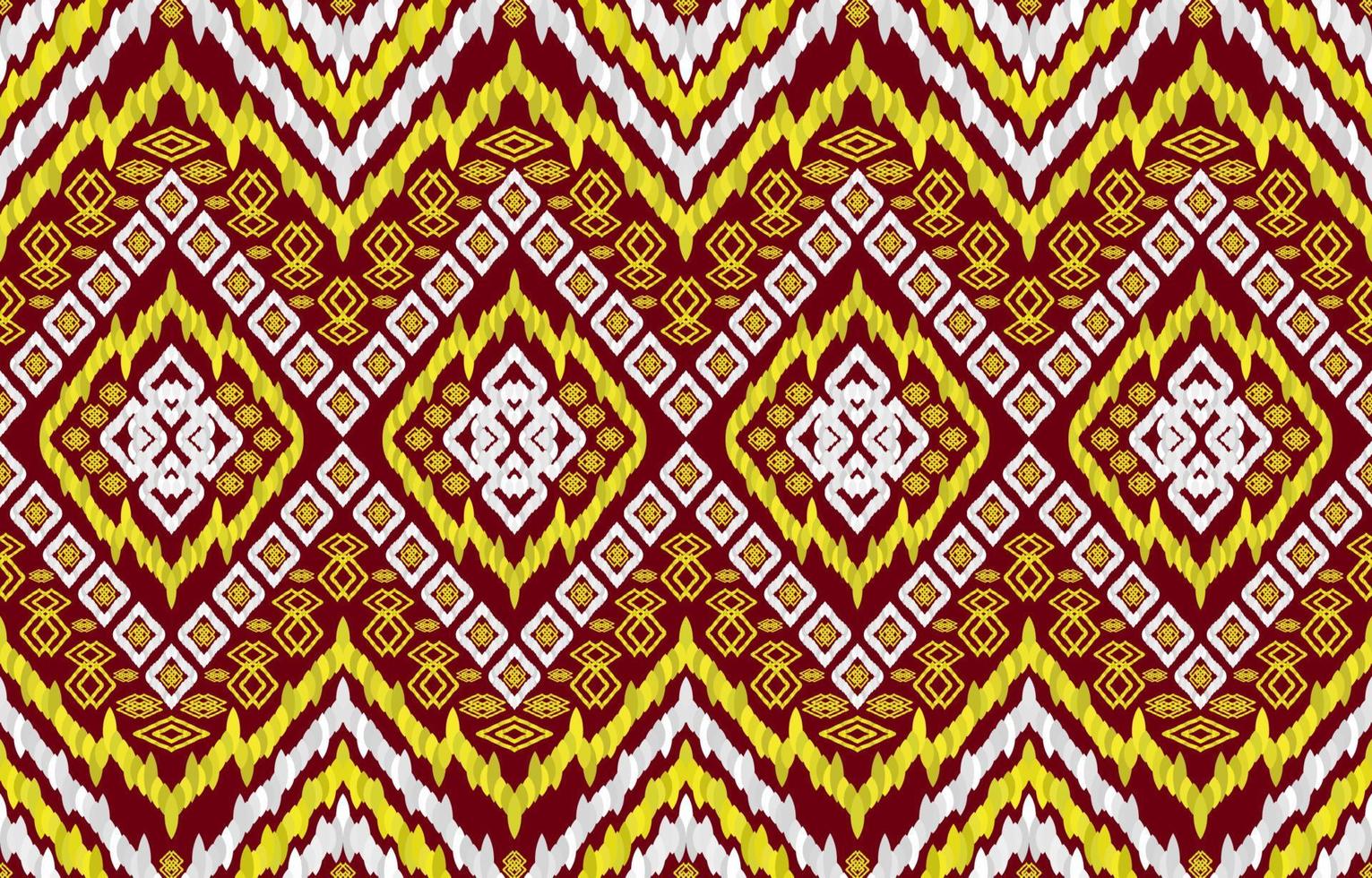 Ornate golden silver ikat patterns on brown background. Geometric tribal vintage retro style. Ethnic fabric ikat seamless pattern. Indian navajo folk ikat vector. Design for texture fabric textile. vector