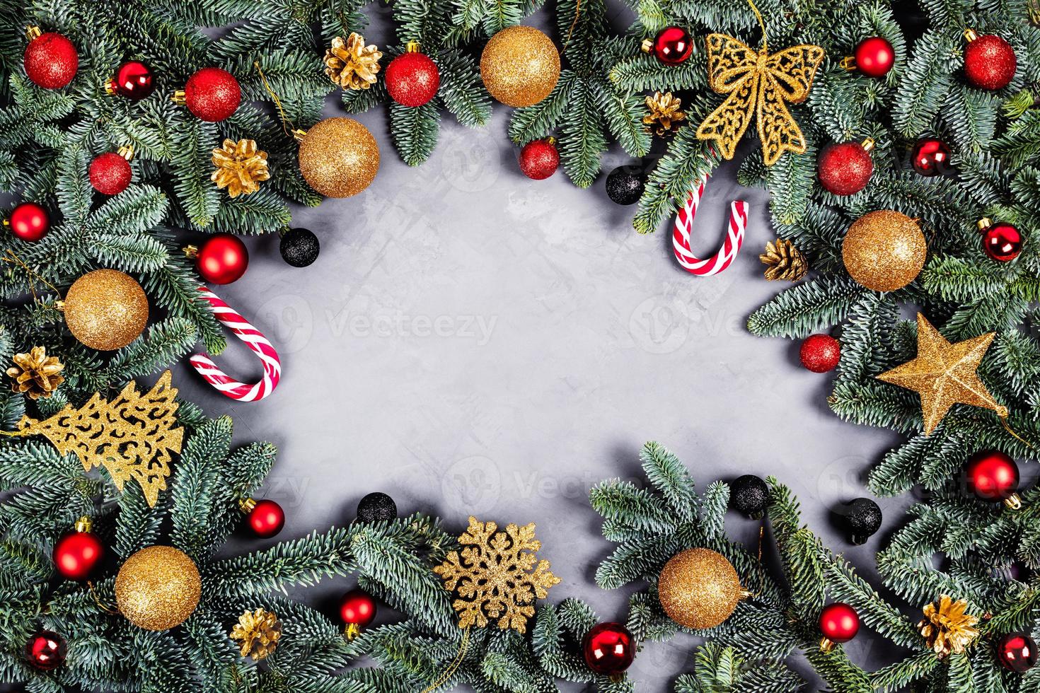 Christmas background with golden, red and black balls. photo