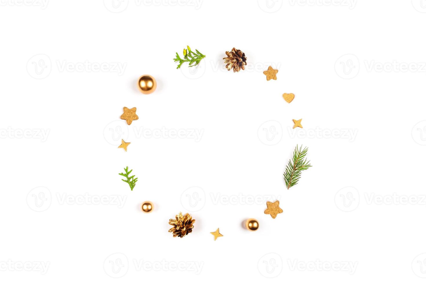 Christmas card. Christmas background with gift, pine cones, branches, gold toys. photo