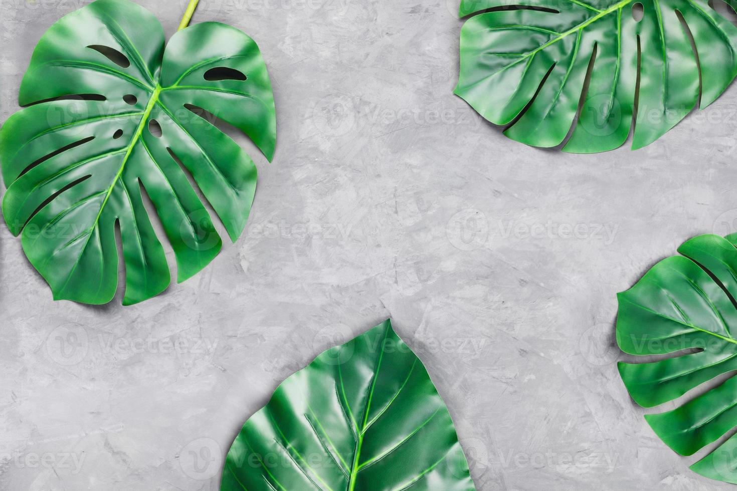 Cup of coffee with tropical leaves on gray background. photo