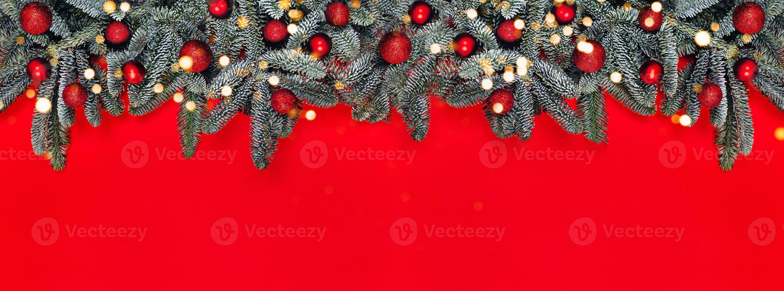 Christmas banner with red balls on fir brunches. photo