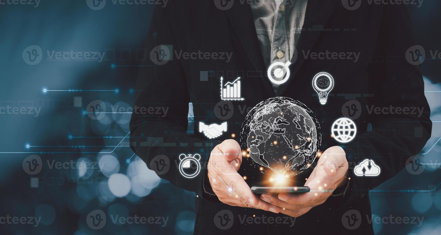 Businessman using mobile smart phone. banking and financial , Business global internet connection application technology and digital marketing, cloud computing,big data, Digital link tech. photo