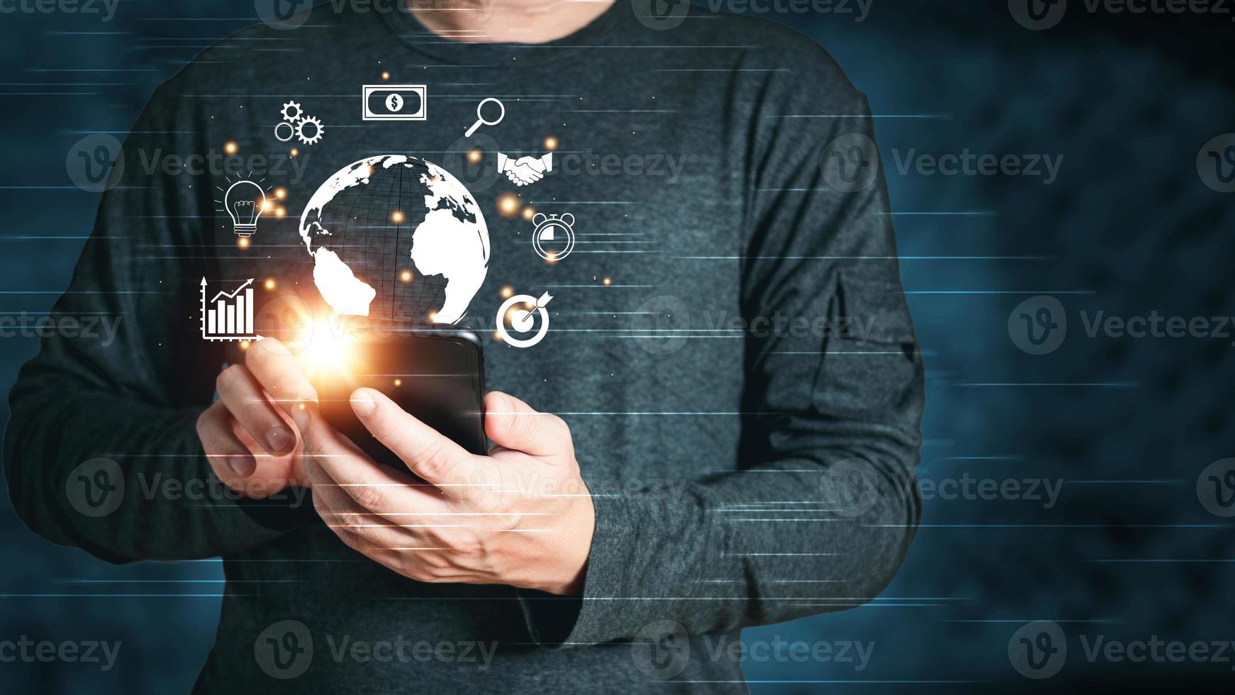 Businessman using mobile smart phone. banking and financial , Business global internet connection application technology and digital marketing, cloud computing,big data, Digital link tech. photo