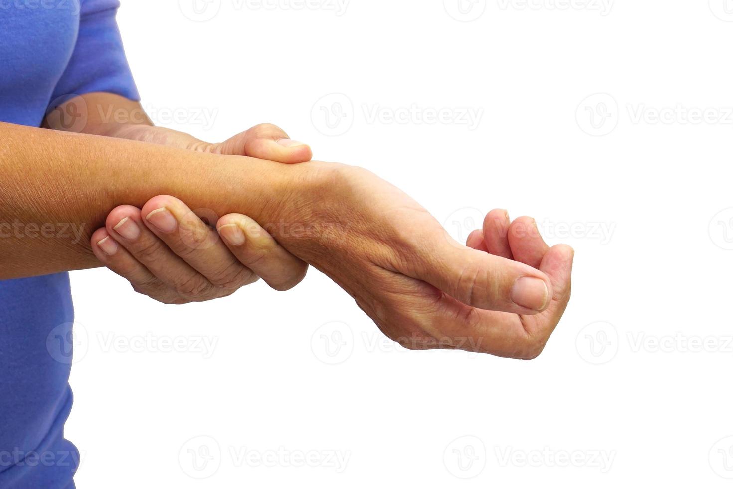 Woman with pain in wrist on white background. Healthcare and office syndrome concept. photo