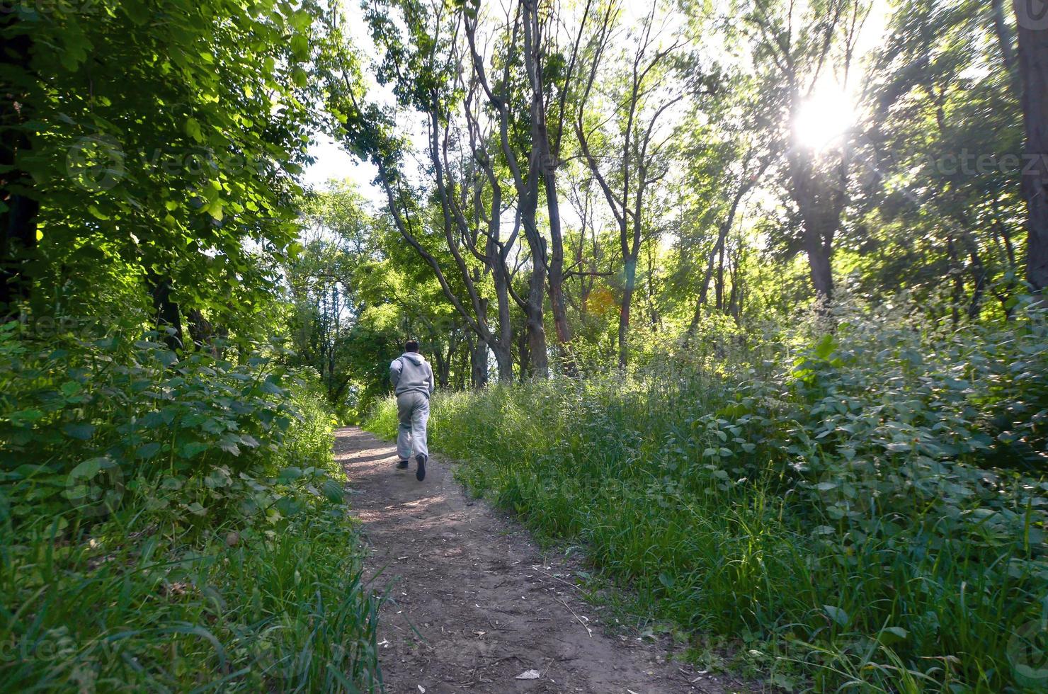 A young guy in a gray sports suit runs along the path among the photo