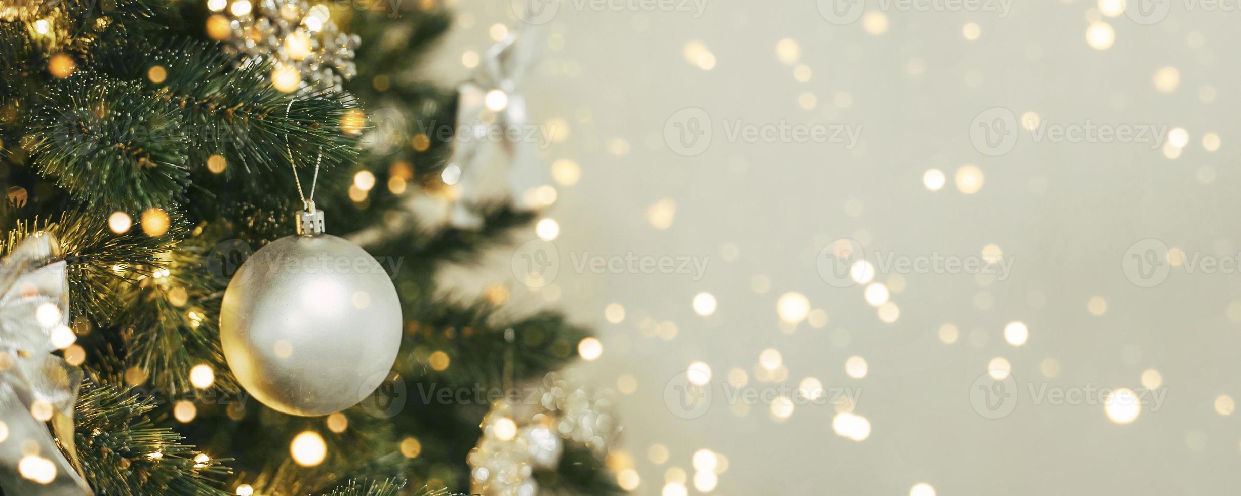 Christmas banner background. Christmas tree with christmas decoration. Long banner for design photo