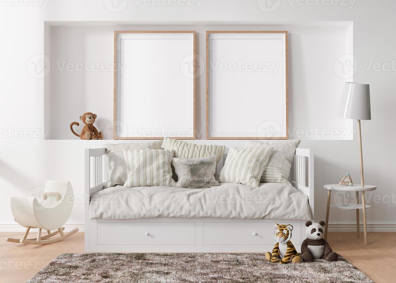 Two empty vertical picture frames on white wall in modern child room. Mock up interior in scandinavian style. Free, copy space for your picture. Bed, toys. Cozy room for kids. 3D rendering. photo