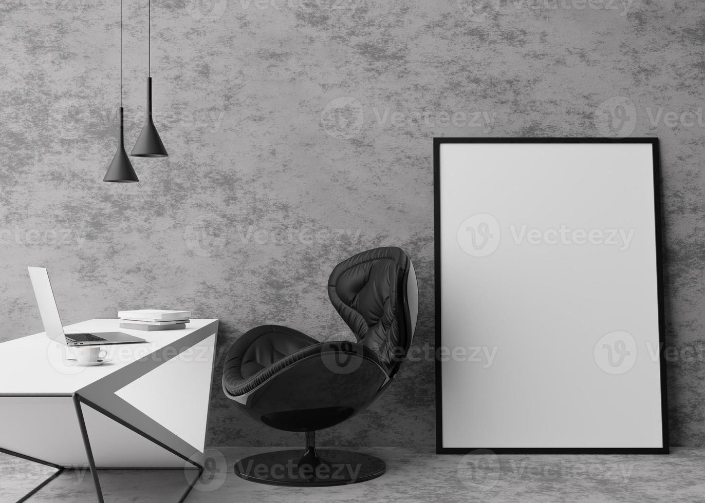 Empty vertical picture frame standing on concrete floor in modern home office. Mock up interior in minimalist, contemporary style. Free space for picture or poster. Desk, hanging lamps. 3D rendering. photo
