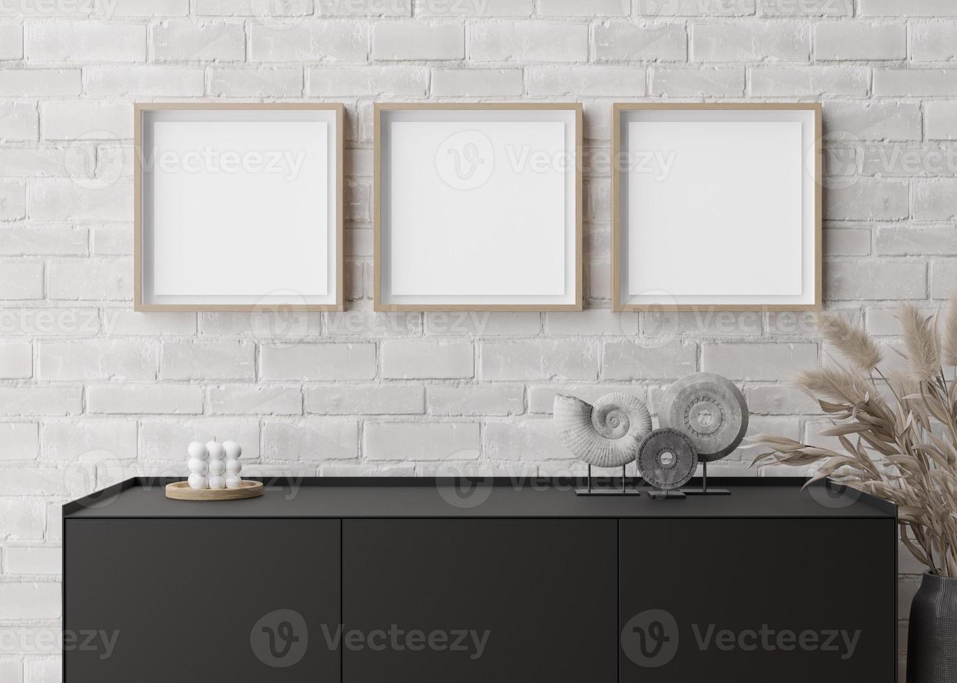 Three empty square picture frames on white brick wall in modern living room. Mock up interior in minimalist, contemporary style. Free space for your picture, poster. Console, sculptures. 3D rendering. photo