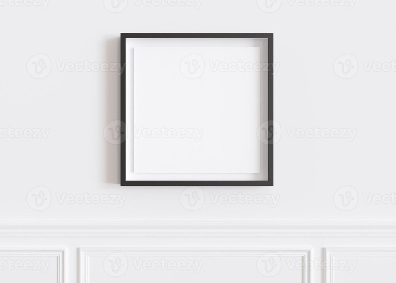 Blank square picture frame hanging on white wall. Template, mock up for your artwork, picture or poster. Empty, copy space. Close up view. Simple, minimalist mockup. 3D rendering. photo