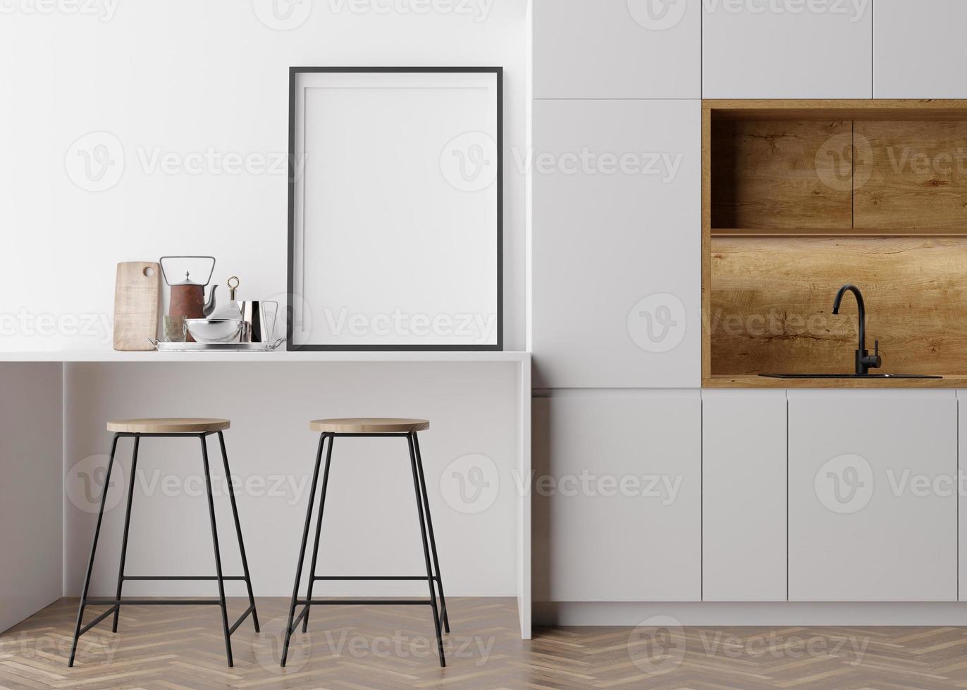 Empty vertical picture frame standing in modern kitchen. Mock up interior in contemporary style. Free, copy space for your picture, poster. Kitchen, bar chairs, parquet floor. 3D rendering. photo