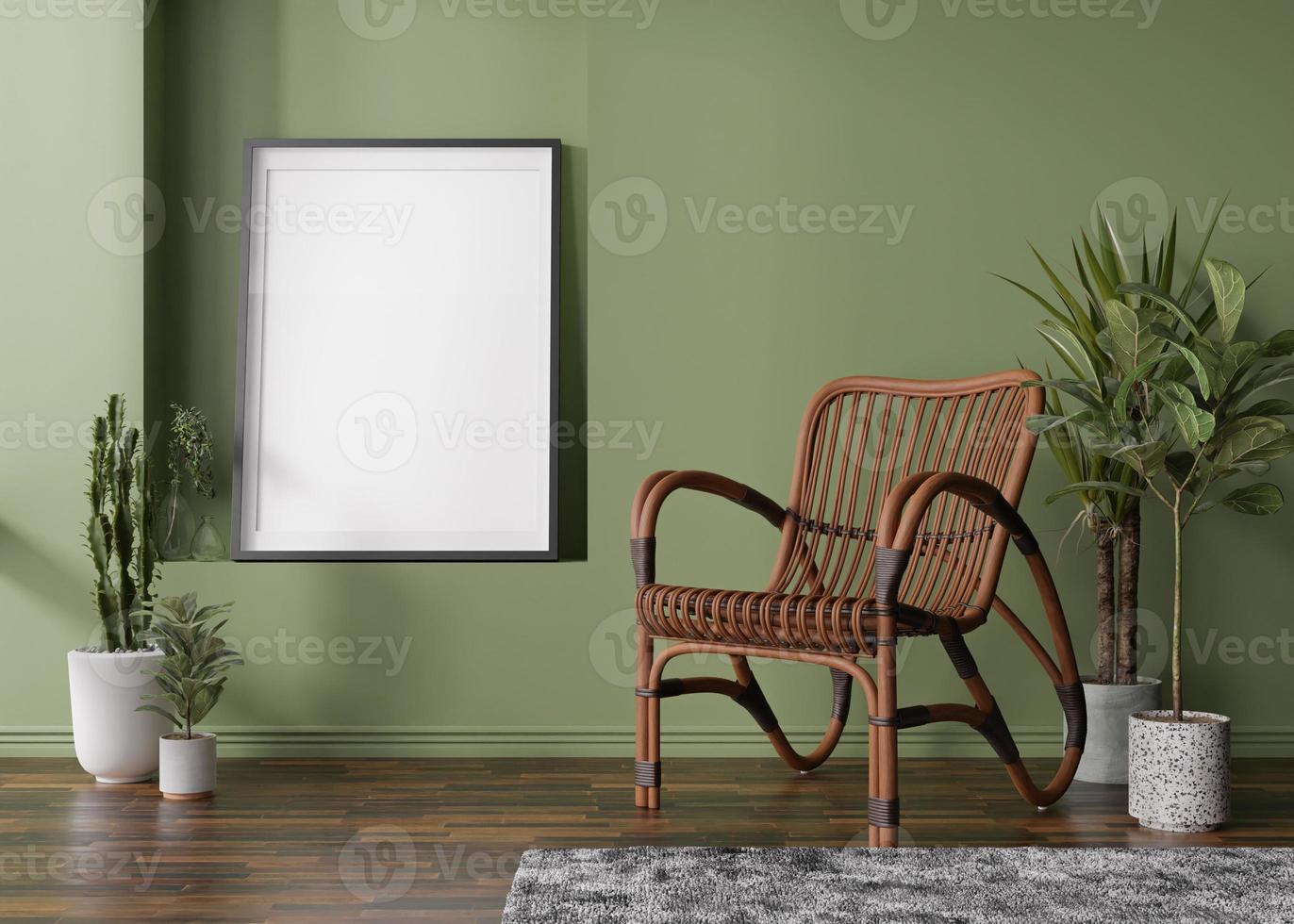 marco de imagen vertical vacío en la pared verde en la habitación moderna. maqueta interior en estilo escandinavo, boho. gratis, copie el espacio para su imagen. sillón de ratán, plantas. representación 3d foto