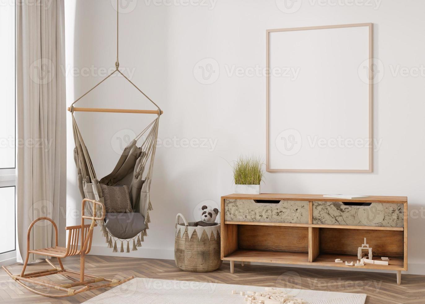 Empty vertical picture frame on white wall in modern child room. Mock up interior in scandinavian, boho style. Free, copy space for your picture. Rattan details. Cozy room for kids. 3D rendering. photo