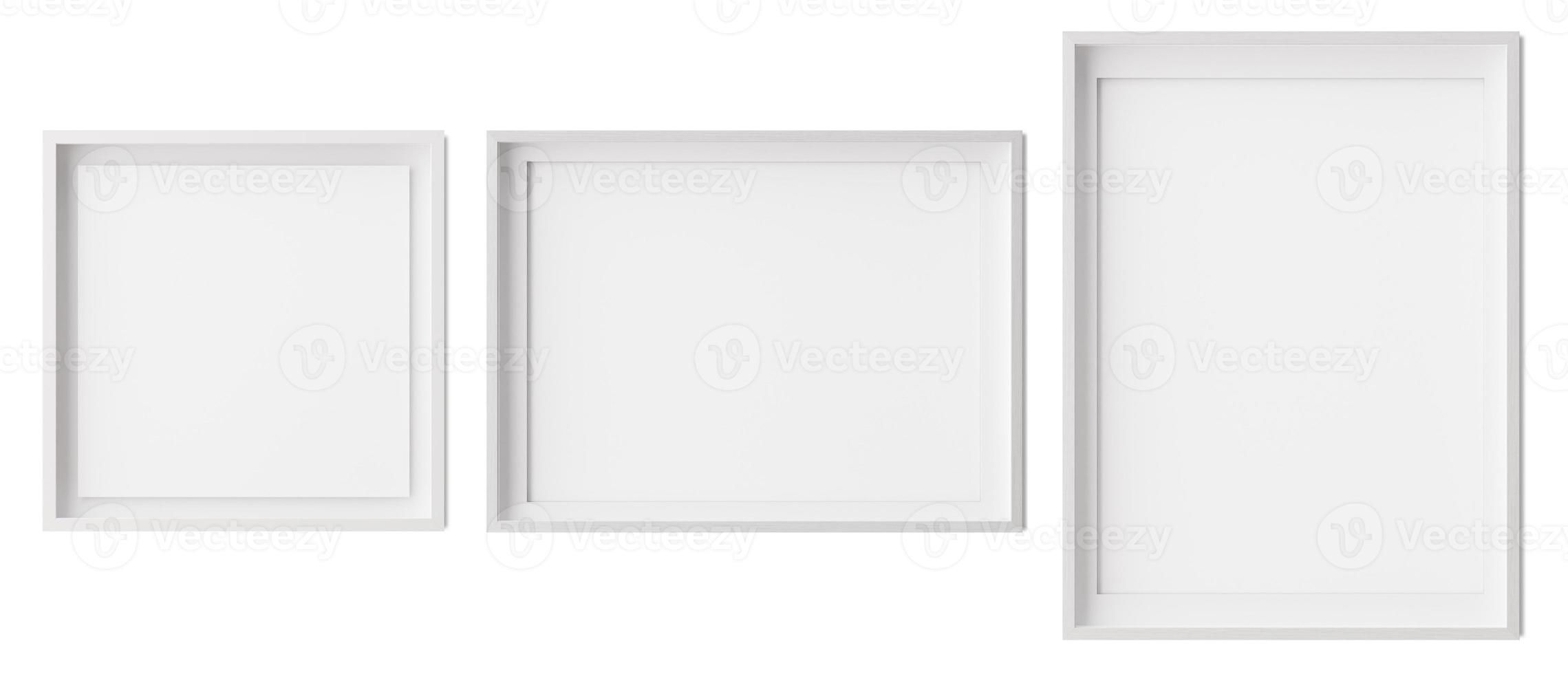 Set of square, horizontal und vertical picture frames isolated on white background. White frames with white paper border inside. Template, mockup for your picture or poster. 3d rendering. photo