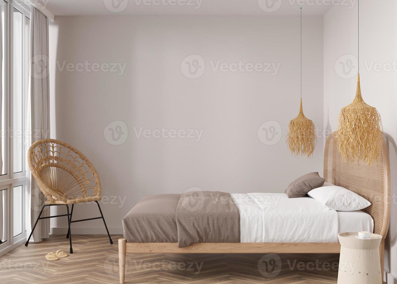 Empty beige wall in modern bedroom. Mock up interior in boho style. Free, copy space for your picture, text, or another design. Bed, rattan armchair. 3D rendering. photo