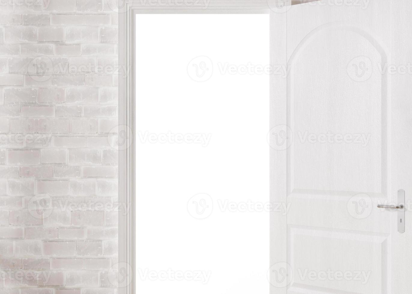 Opened door in empty white room. Copy space. Template to integrate your picture, text. Close up view. 3D rendering. photo