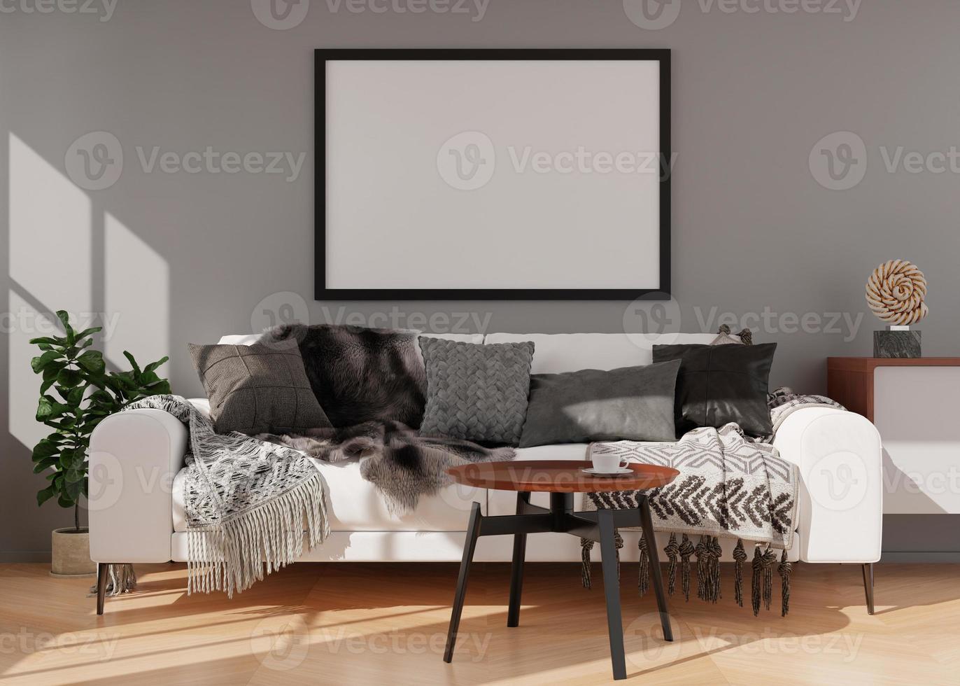 Empty black picture frame on gray wall in modern living room. Mock up interior in contemporary style. Free space, copy space for your picture, poster. Sofa, sideboard, plant. 3D rendering. photo
