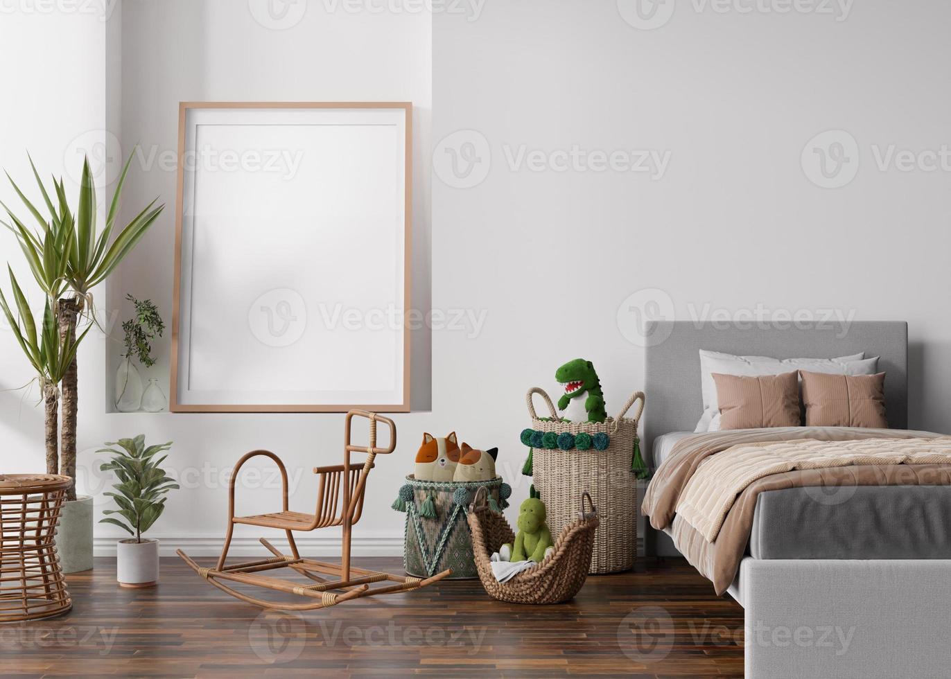 Empty vertical picture frame on white wall in modern child room. Mock up interior in scandinavian, boho style. Free, copy space for your picture. Bed, toys. Cozy room for kids. 3D rendering. photo