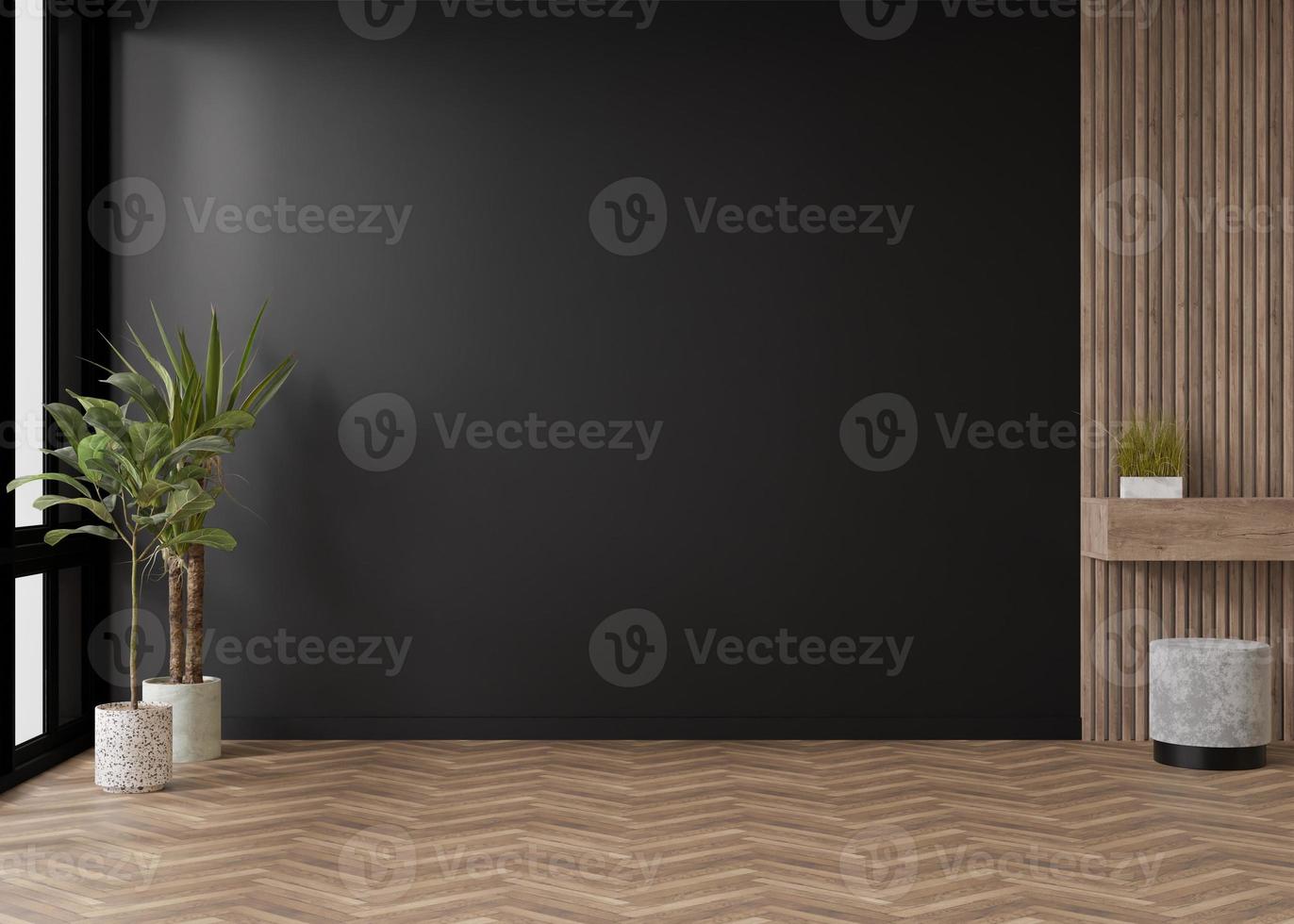 habitación vacía, pared negra y suelo de parquet. plantas de interior simulacros de interiores. gratis, copia espacio para tus muebles, fotos y otros objetos. representación 3d