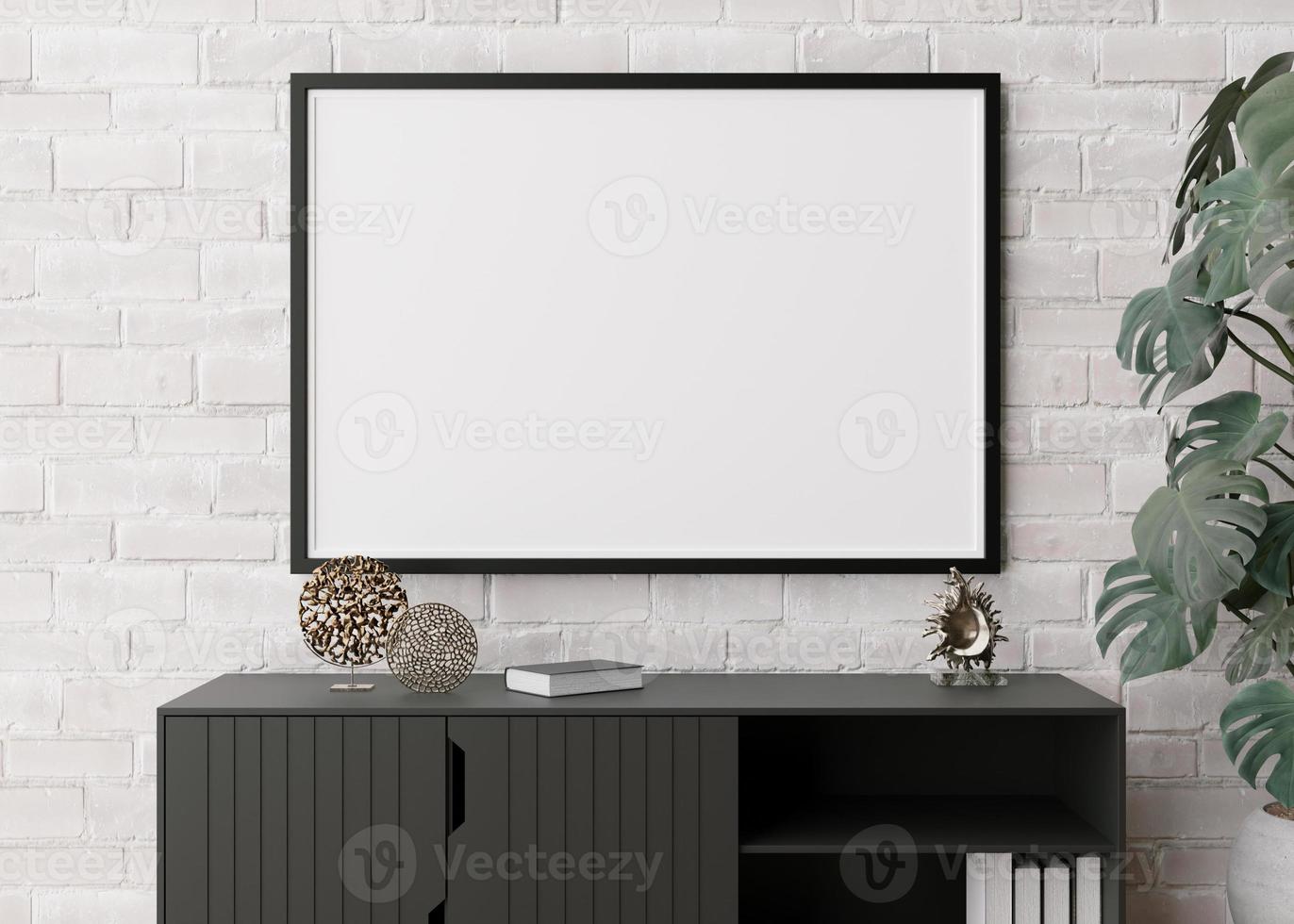 marco de imagen horizontal vacío en la pared de ladrillo blanco en la sala de estar moderna. interior simulado en estilo minimalista y escandinavo. gratis, copie el espacio para la imagen, el póster. consola, esculturas. representación 3d foto