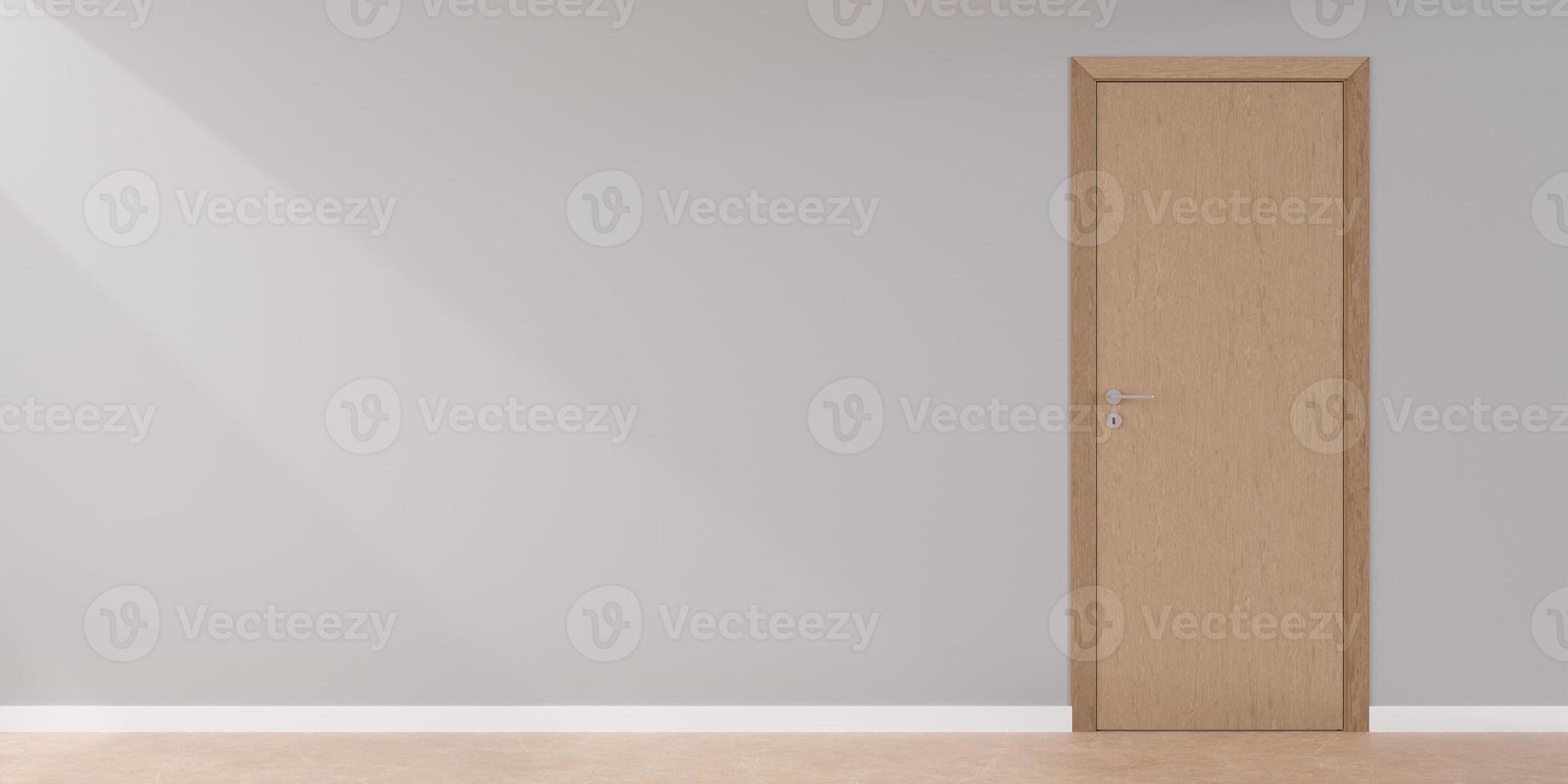 Modern wooden door in empty room. Copy space for text, advertising. Production and trade of interior doors. Stylish internal door. Manufacture and sale. 3D rendering. photo