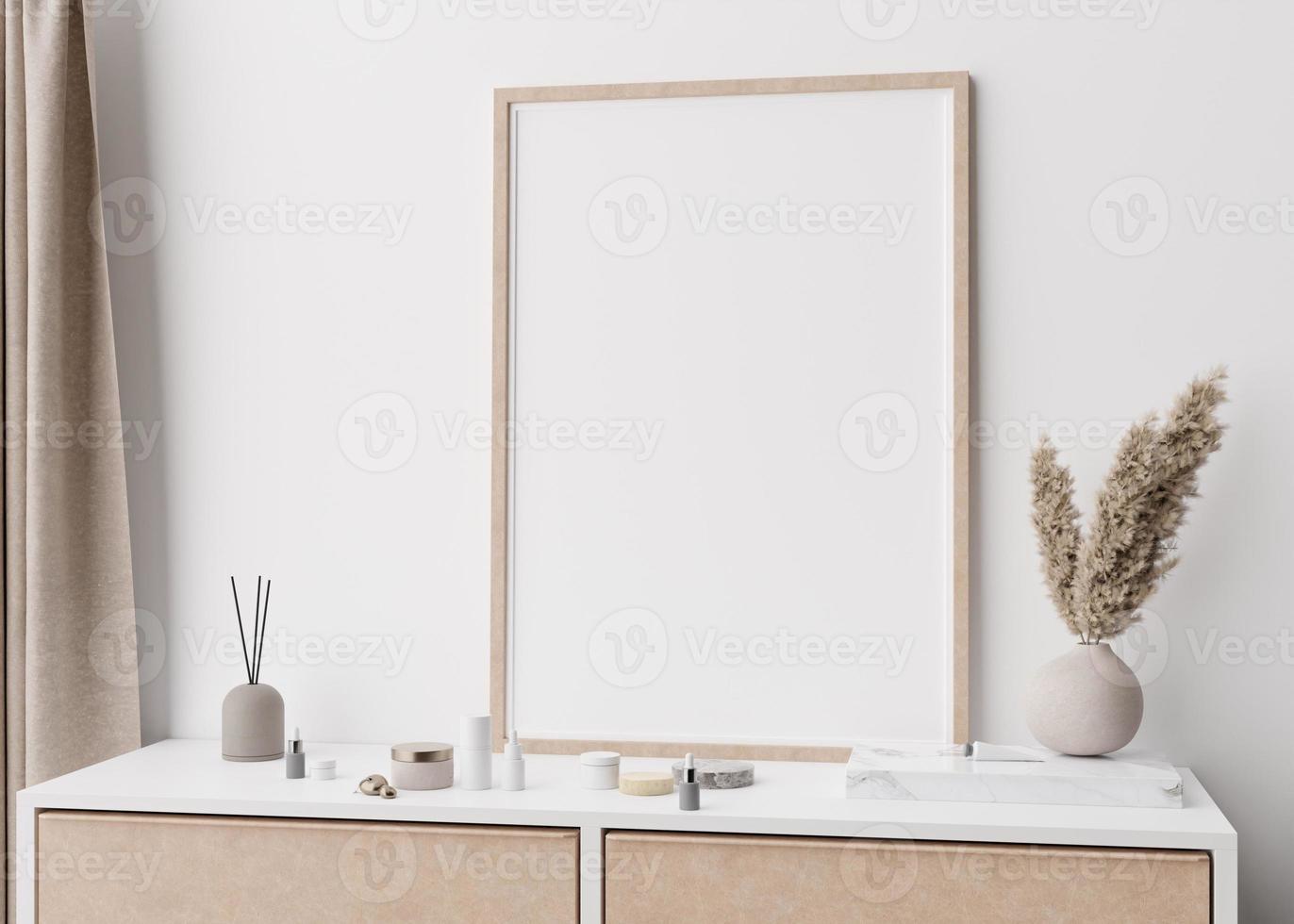 Empty vertical picture frame standing on console in modern bedroom. Mock up interior in minimalist, scandinavian style. Free, copy space for picture. Pampas grass, cosmetic bottles. 3D rendering. photo